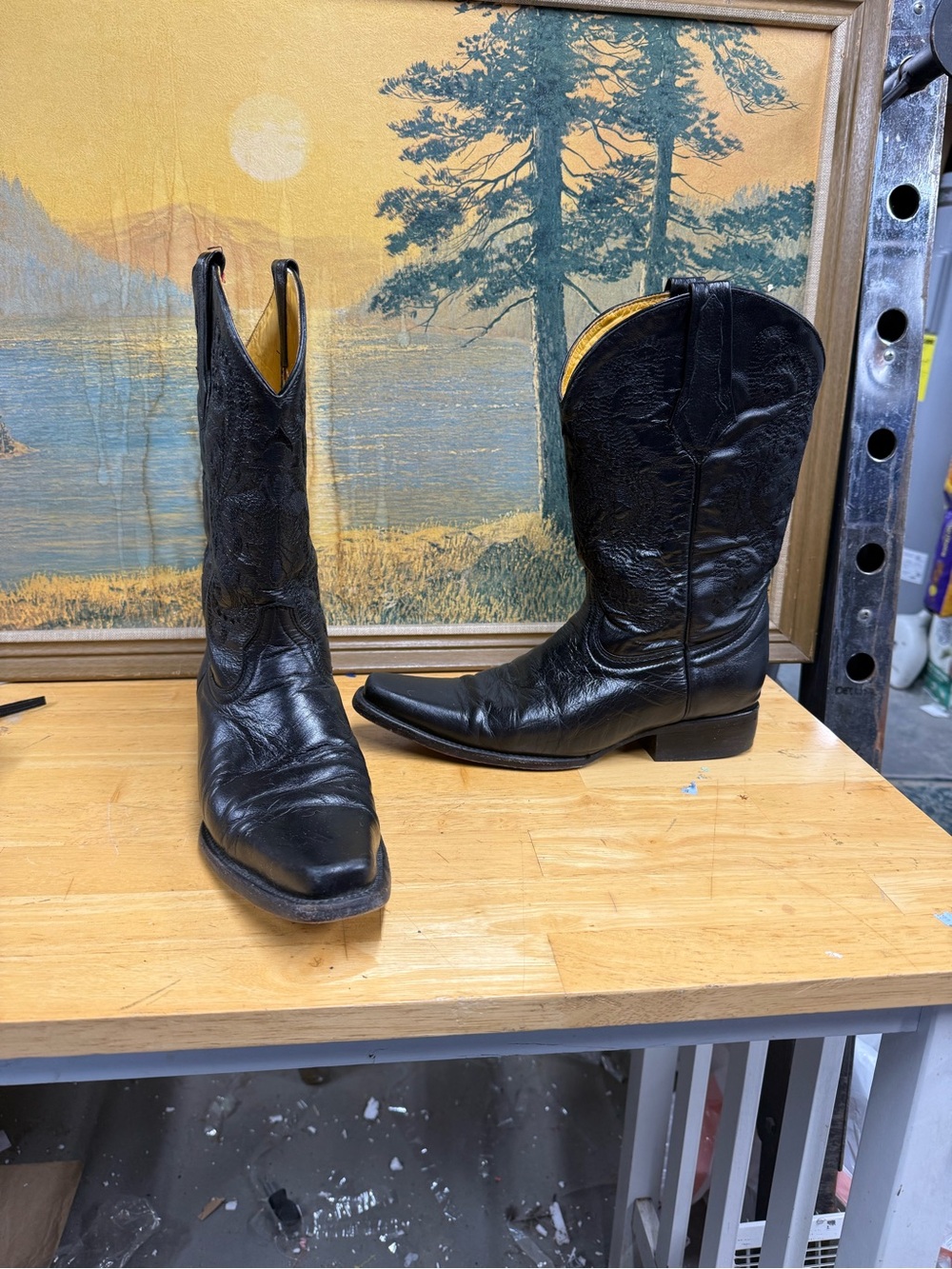 Potrero Men's Black Leather Western Cowboy Boots pointed toe, size 7 1/2